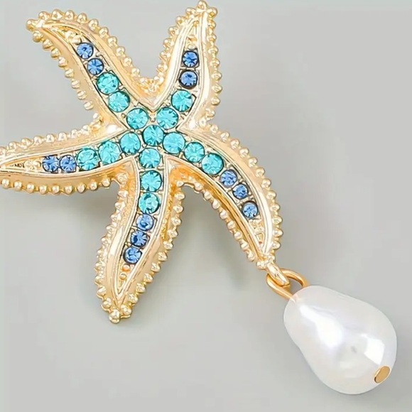 Gold plated Starfish & Blue Rhinestones earrings with faux pearl drops - Picture 4 of 4